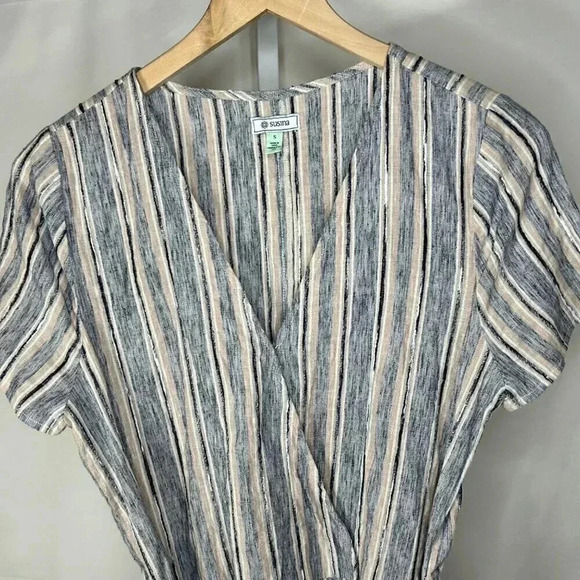 2/$30 Susina Size Small Faux Wrap Sundress Dress Short Sleeve Cotton Striped - Picture 3 of 11
